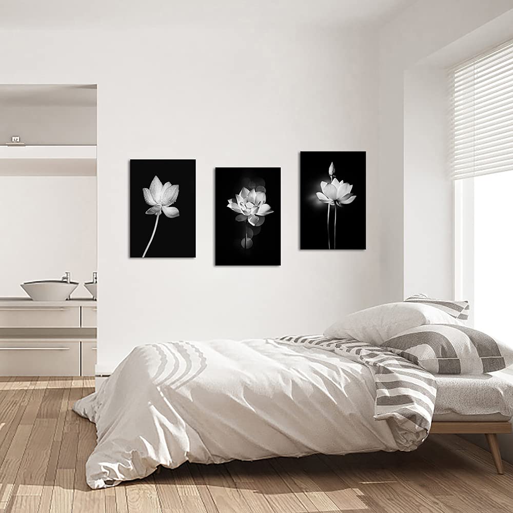 Canvbay 3 Panels Lotus Artwork Black and White Elegant Flower Canvas Wall Art Print Blooming Floral Picture Framed Water Lily Zen Painting for Home Bedroom Decor Ready to Hang 16x24inchx3pcs