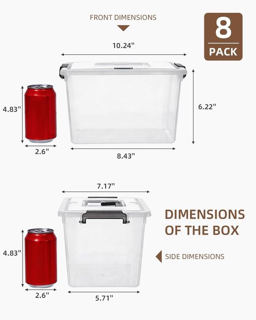 Citylife 6 QT Plastic Storage Bins - 8 Pack Clear Containers with Latching Lids & Handles for Organizing
