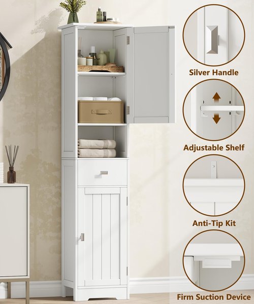 Akxoml Tall Bathroom Storage Cabinet with 2 Doors, 67" H Narrow Floor Cabinet with Adjustable Shelves and Drawer, Anti-Tip Design, 11.8 x 12.6 x 66.9 Inches, for Bathroom, Kitchen，Entryway, White