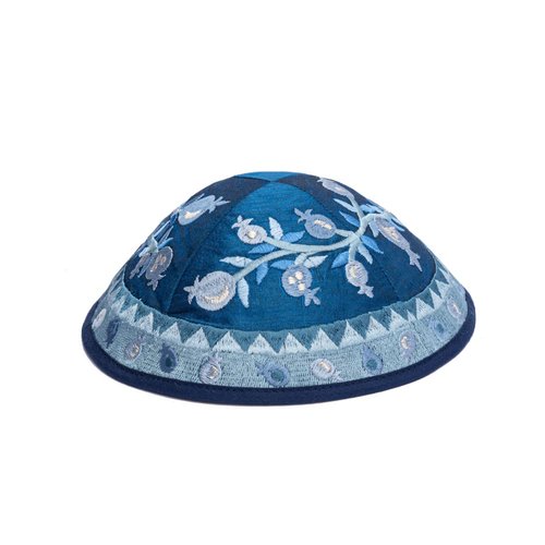 Yair Emanuel Kippah - Embroidered - Pomegranates - Blue
