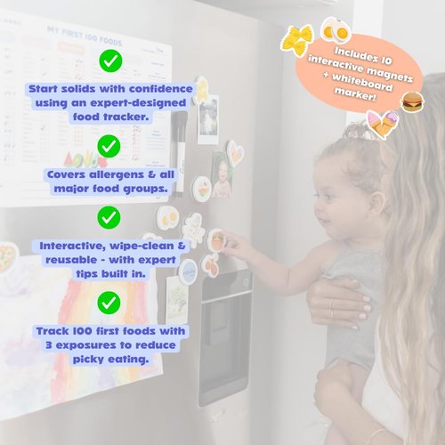 CATCHY - My First 100 Foods Tracker Set - 1 Magnetic Whiteboard Checklist, 10 Fridge Magnets + 1 Marker - Lists All Major Food Groups + Key Allergens - with Expert Tips - Reusable