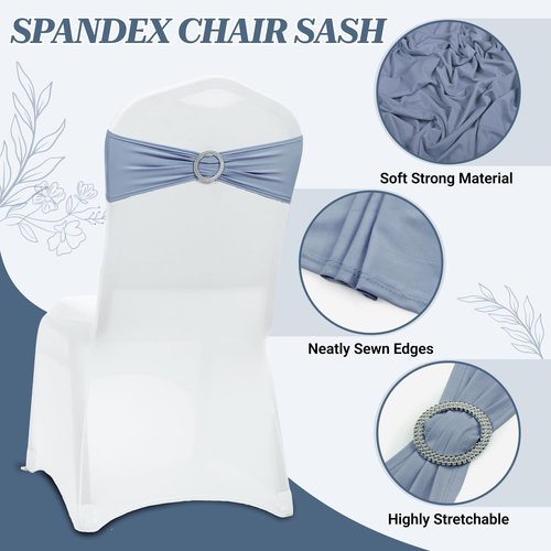 MDS Spandex Chair Sashes - Pack of 125 Elastic Stretch Bows with Buckle Slider - Dusty Blue