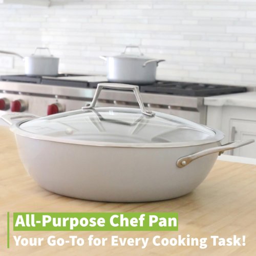 TECHEF - CeraTerra, 5 Qt / 12-in Ceramic Nonstick All Purpose Chef Pan with Cover, (PTFE and PFOA Free Ceramic Exterior & Interior), Oven & Dishwasher Safe, Made in Korea, Grey/Silver (5 Qt Chef Pan)