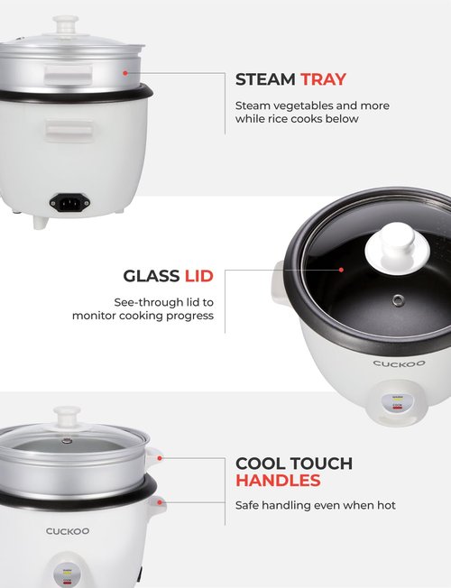 CUCKOO One Touch Rice Cooker 12-Cup Cooked, Small Rice Cooker & Warmer with Steamer Tray, Versatile Grain Cooker, Soup Maker, Auto Keep Warm, 6-Cup Uncooked, White (CR-0601C)