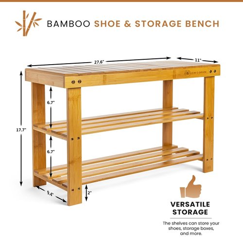 Leaf & Grain Bamboo Shoe Rack - Shoe Storage Bench for Front Door Entrance - Entryway Bench with Shoe Shelf, Shoe Storage Organizer, Wooden Shoe Rack, Durable Shoe Bench for Home (Natural)