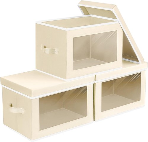 Homsorout Storage Bins - Small Collapsible Fabric Organizers with Window | 3 Pack in Beige