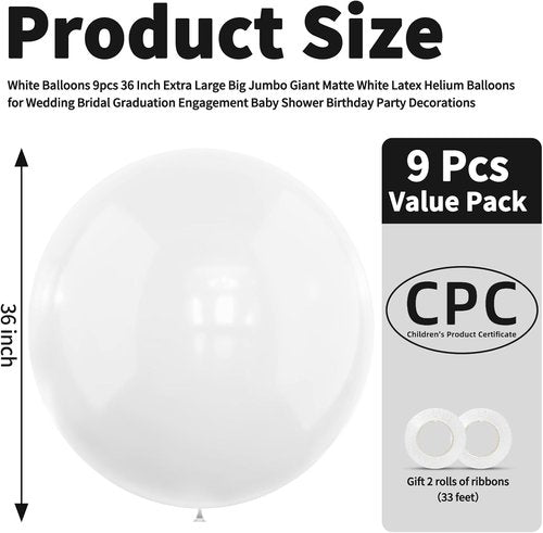 LEEZZIZZ 36-Inch White Giant Balloons - 9 Pcs Jumbo Latex Balloons for Kids' Party & Wedding Decorations