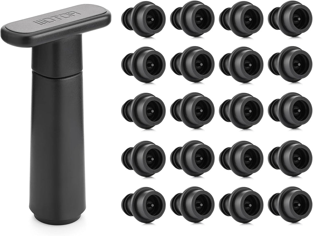 WOTOR Wine Saver Vacuum Pump with 20 Stoppers, Wine Stopper & Preserver, Reusable Bottle Sealer Keeps Fresh, Ideal Accessories Gift (Flat Handle)