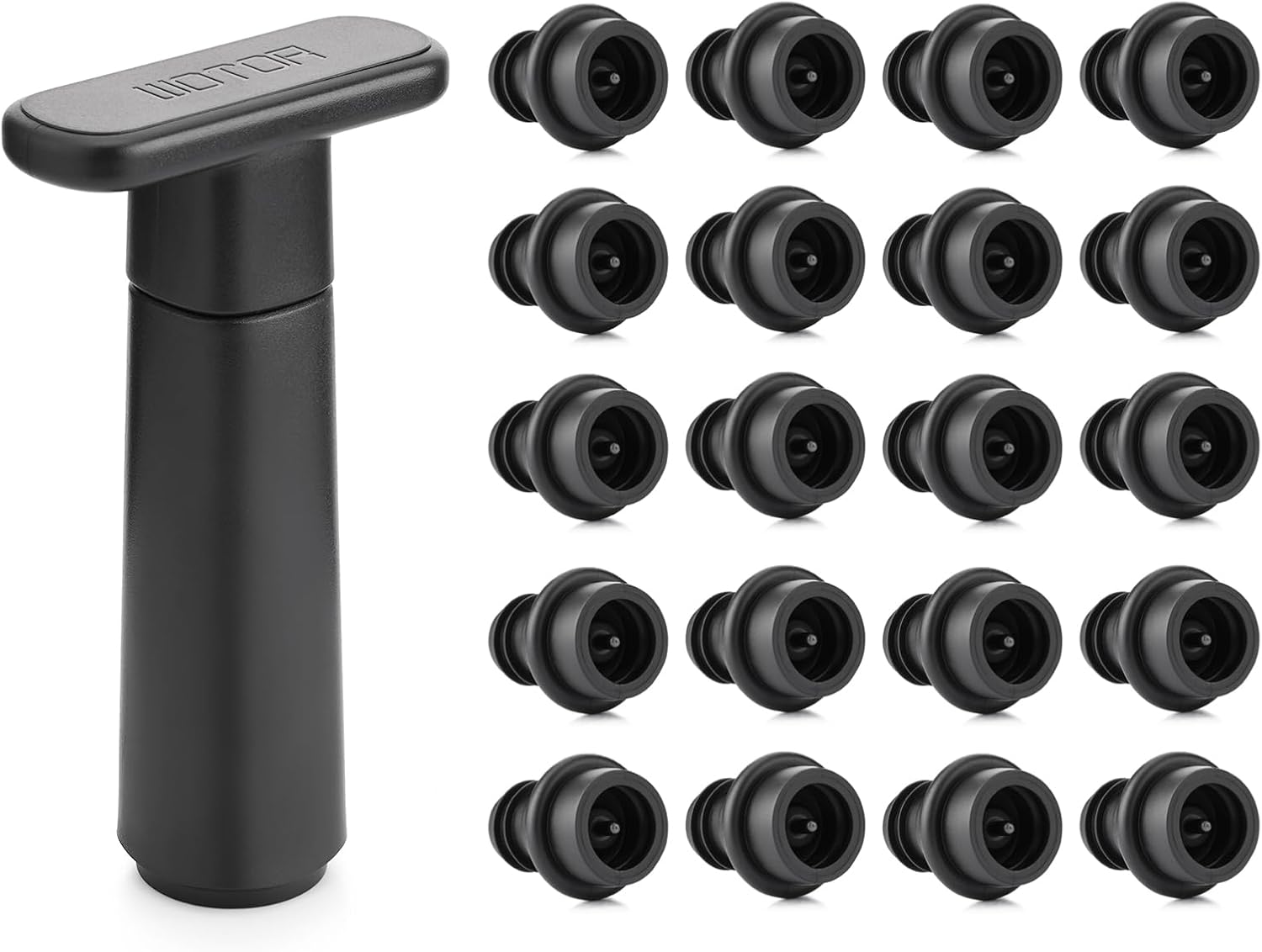 WOTOR Wine Saver Vacuum Pump with 20 Stoppers, Wine Stopper & Preserver, Reusable Bottle Sealer Keeps Fresh, Ideal Accessories Gift (Flat Handle)