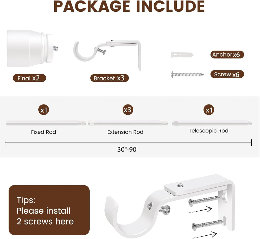 Skiennix Heavy-Duty Adjustable Curtain Rod - 30 to 90 Inch - Matte White, Fits 30-84 Inch Windows