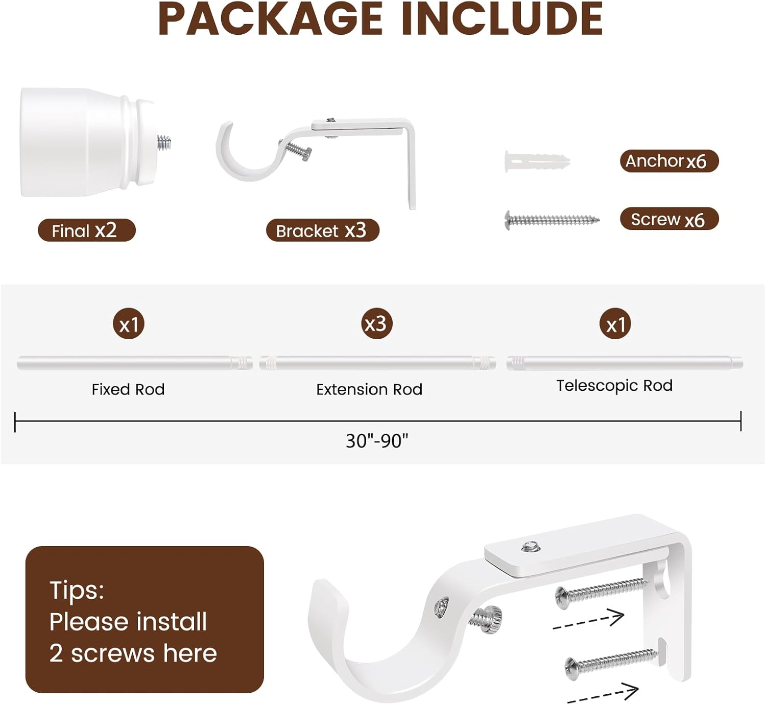 Skiennix Heavy-Duty Adjustable Curtain Rod - 30 to 90 Inch - Matte White, Fits 30-84 Inch Windows