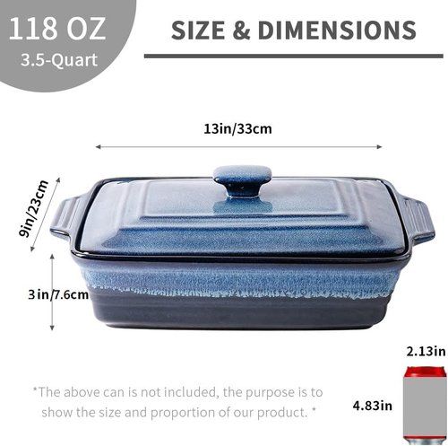KOOV Ceramic Casserole Dish - Covered Rectangular Lasagna Pan for Cooking | 9 x 13 Inches, Nebula Blue