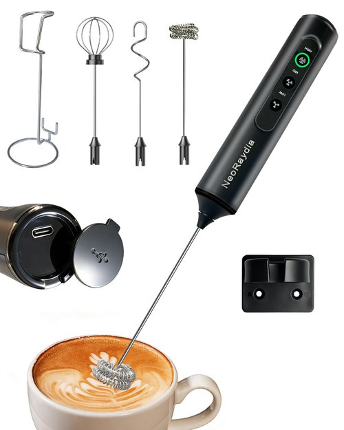 NeoRaydia Rechargeable Electric Milk Frother Handheld, 3-Speed Wireless Preventing Splashing Drink Mixer with Stand, 10-Second Frothing for Coffee, Matcha, Latte, Cappuccino, and Protein Shakes, Black