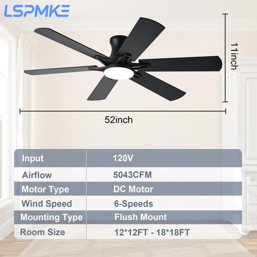 lspmke Ceiling Fans with Lights, 52 Inch Low Profile Ceiling Fan with Light and Remote, Flush Mount, Quiet, Reversible, 3CCT, Dimmable, Black RGB Ceiling Fan for Bedroom, Living Room, Indoor/Outdoor