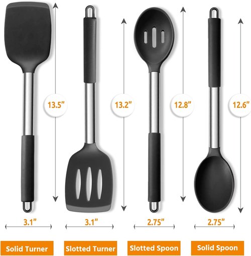 E-far Silicone Cooking Utensils Set - Heat Resistant, Non-Toxic Kitchen Tools for Non-Stick Cookware | 4-Piece Set in Black