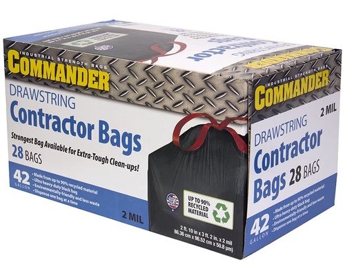 Commander 42 Gallon 2 MIL Black Heavy Duty Trash Bags - 34" x 38" - Pack of 28 - For Home, Kitchen, Lawn, Outdoor, Construction, & Contractor