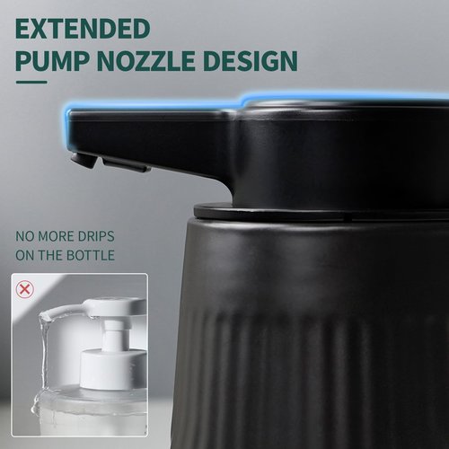 BosilunLife Ceramic Automatic Soap Dispenser with Extended Pump Nozzle, 3 Adjustable Levels, Touchless Foam Hand Wash Foaming Dispenser for Bathroom & Kitchen, Embossed Wave Design, Black, 10oz