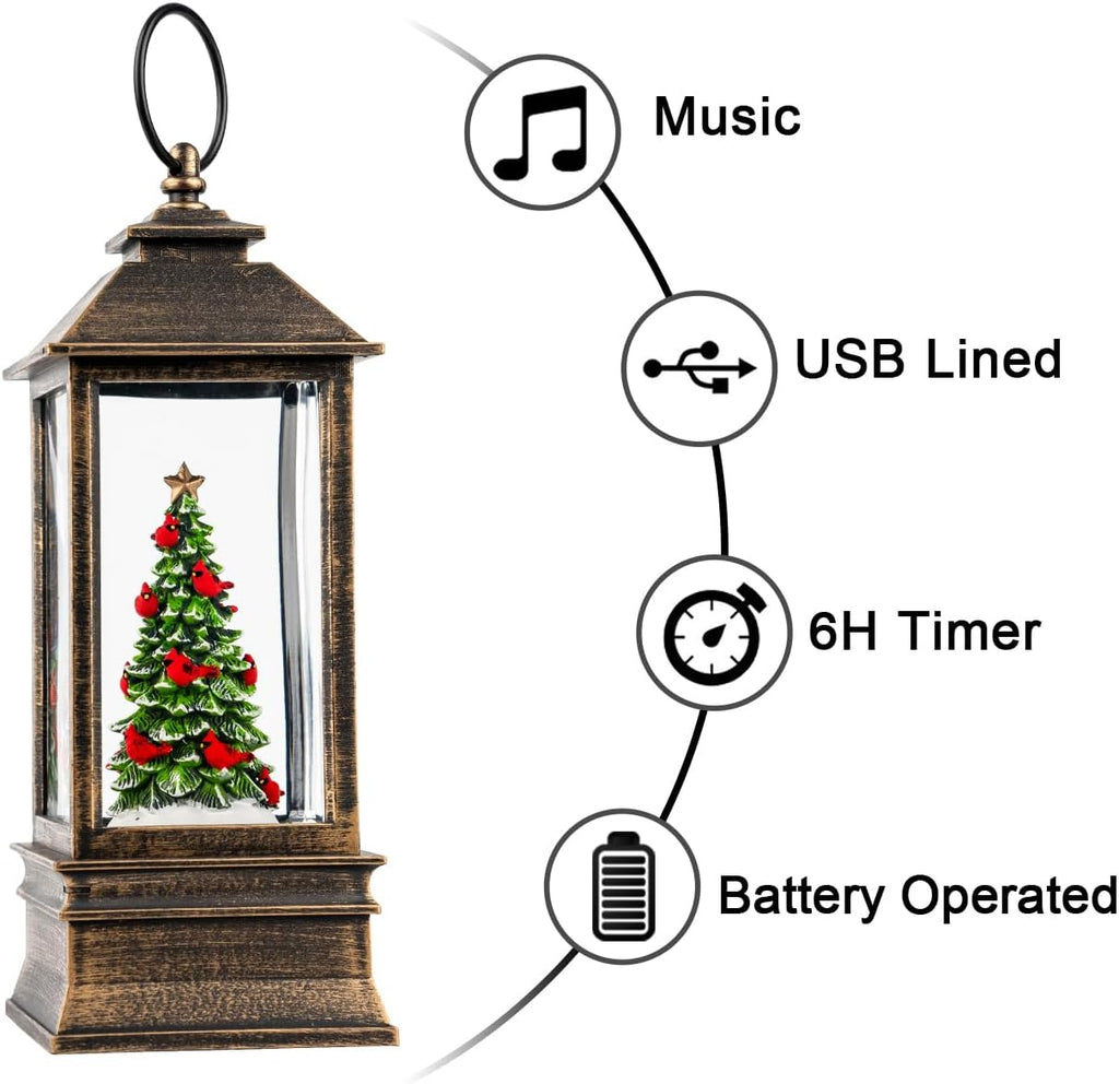VISFLAIR 10'' Lighted Christmas Tree Snow Globe - Musical Water Lantern with Glitter | Battery or USB Powered