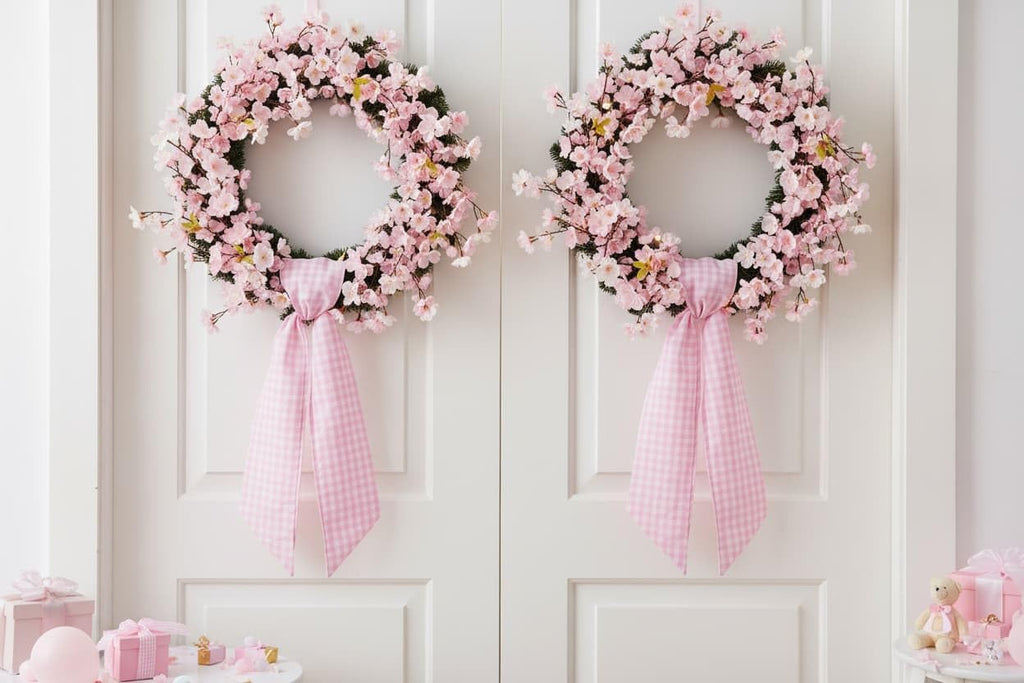 Pink White Checkered Plaid Bow Ribbon Bundle - Wreath Sash for Front Door Decor | 2 Pack (5.12" x 54.33")
