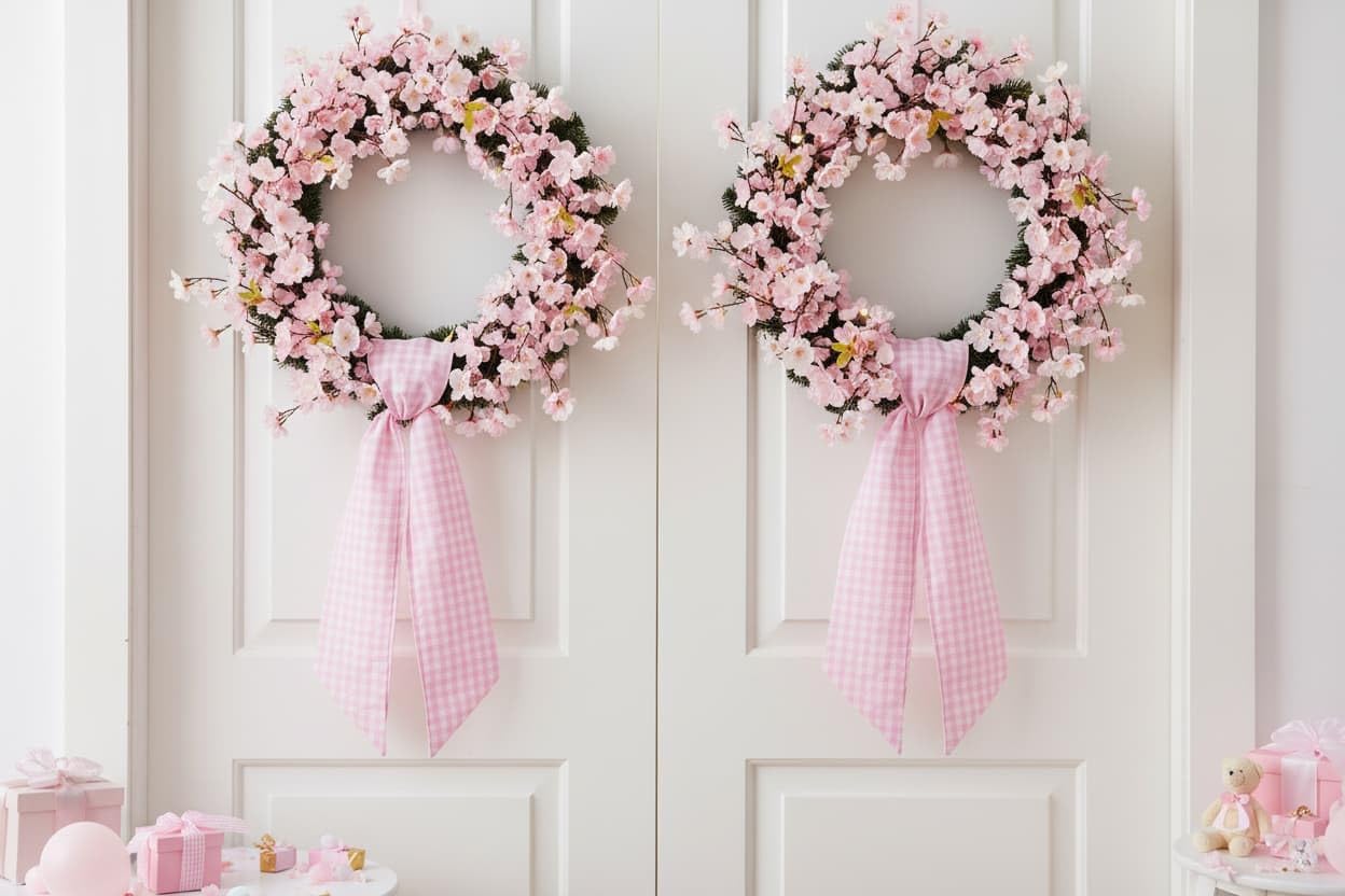Pink White Checkered Plaid Bow Ribbon Bundle - Wreath Sash for Front Door Decor | 2 Pack (5.12" x 54.33")