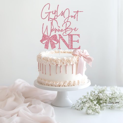 Girls Just Wanna Be One Cake Topper, Pink Bow First Birthday Cake Topper, Sweet One, Bow Girl's 1st Birthday Party Decorations Glitter