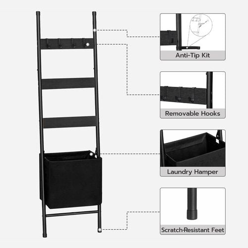 HOOBRO Blanket Ladder with Basket, 17.3”L x 63.4”H, Towel Rack with Hooks, Blanket Holder Rack, Decorative Ladder Shelf, Drying and Display Rack for Bathroom, Living Room, Black BB31CJ01