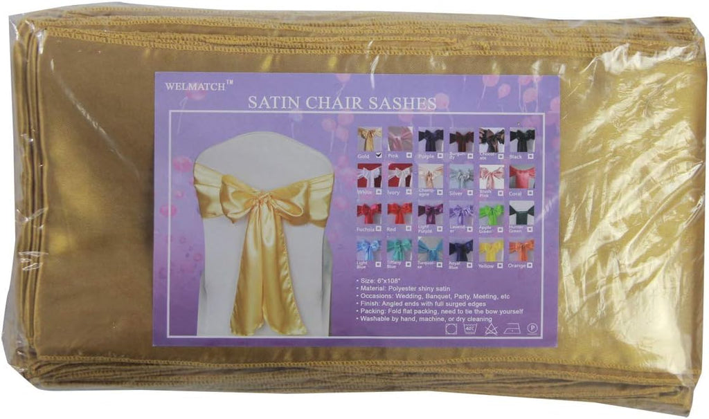 WELMATCH Gold Satin Chair Sashes - 50 Pcs Elegant Wedding & Party Decoration Chair Bows | Gold