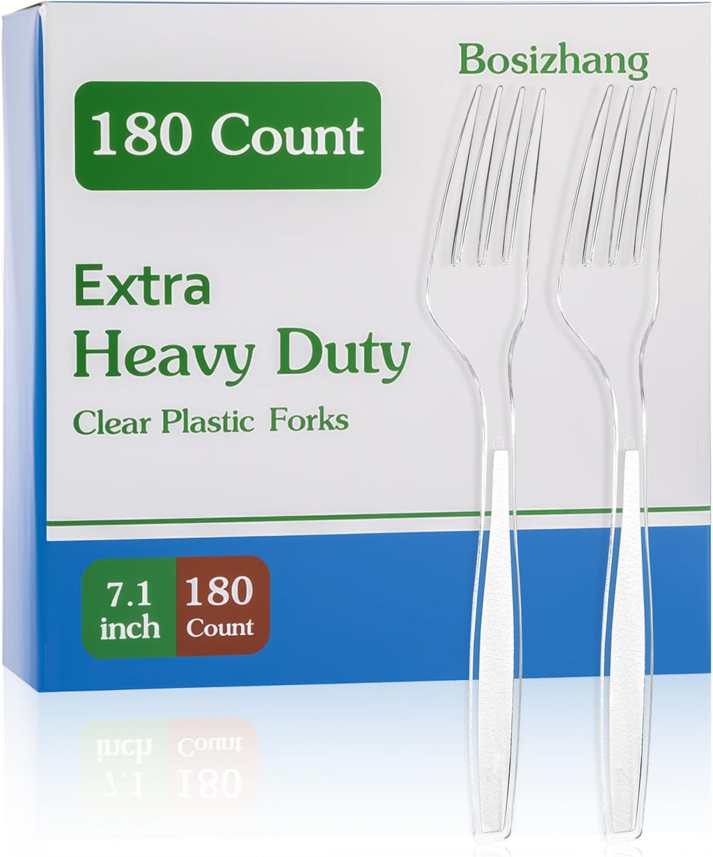 Skiennix Extra Heavy Duty Clear Plastic Forks - 180 Count, 7.1" Durable & BPA-Free Utensils for Events