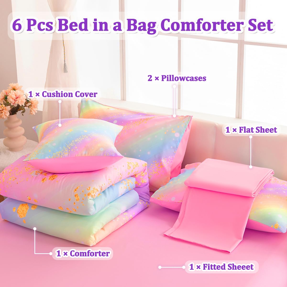 ASKOTU Full Size Bedding Sets for Girls, 6 Pcs Bed in A Bag Full Glitter Galaxy Bedding Set, Girls Pink Rainbow Comforter Set with Sheets