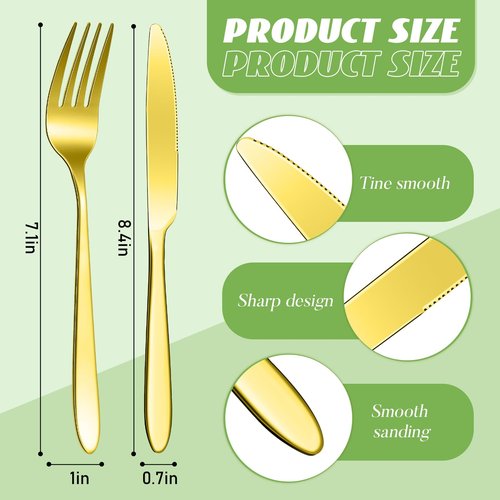 Nuenen 50 Pieces Stainless Steel Forks Silverware Set Dinner Forks and Knives Flatware Tableware Cutlery Set for Kitchen Restaurant(7.1 x 1 Inch, 8.4 x 0.7 Inch,Gold)