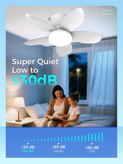 LANMEL 25 Inch White Flush Mount Ceiling Fan with Light and Remote, Low Profile Modern Ceiling Fan, 6 Speed, Reversible, 3000k-6500k Dimmable LED, Quiet DC Motor for Indoor Outdoor
