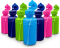 4E's Novelty 22 Pack Water Sports Bottles for Kids Bulk, 18 oz Squeeze Reusable Plastic Neon Colors BPA Free Bike Water Bottles, Party Favor, End of Year Student Gifts from Teacher