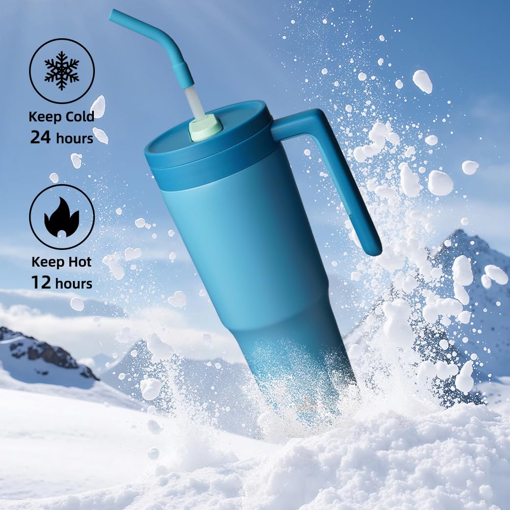 Skiennix Insulated Tumbler - 40 OZ Stainless Steel Travel Mug with Handle, Straw & Fruit Diffuser | Dark Blue