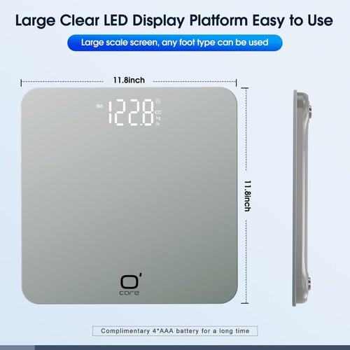 O'CARE Smart Scale for Body Weight and BMI Weighing,High Accuracy Digital Bathroom Scale with LED Large Display,Smart APP Sync Weight Scale 440lb (Silver)