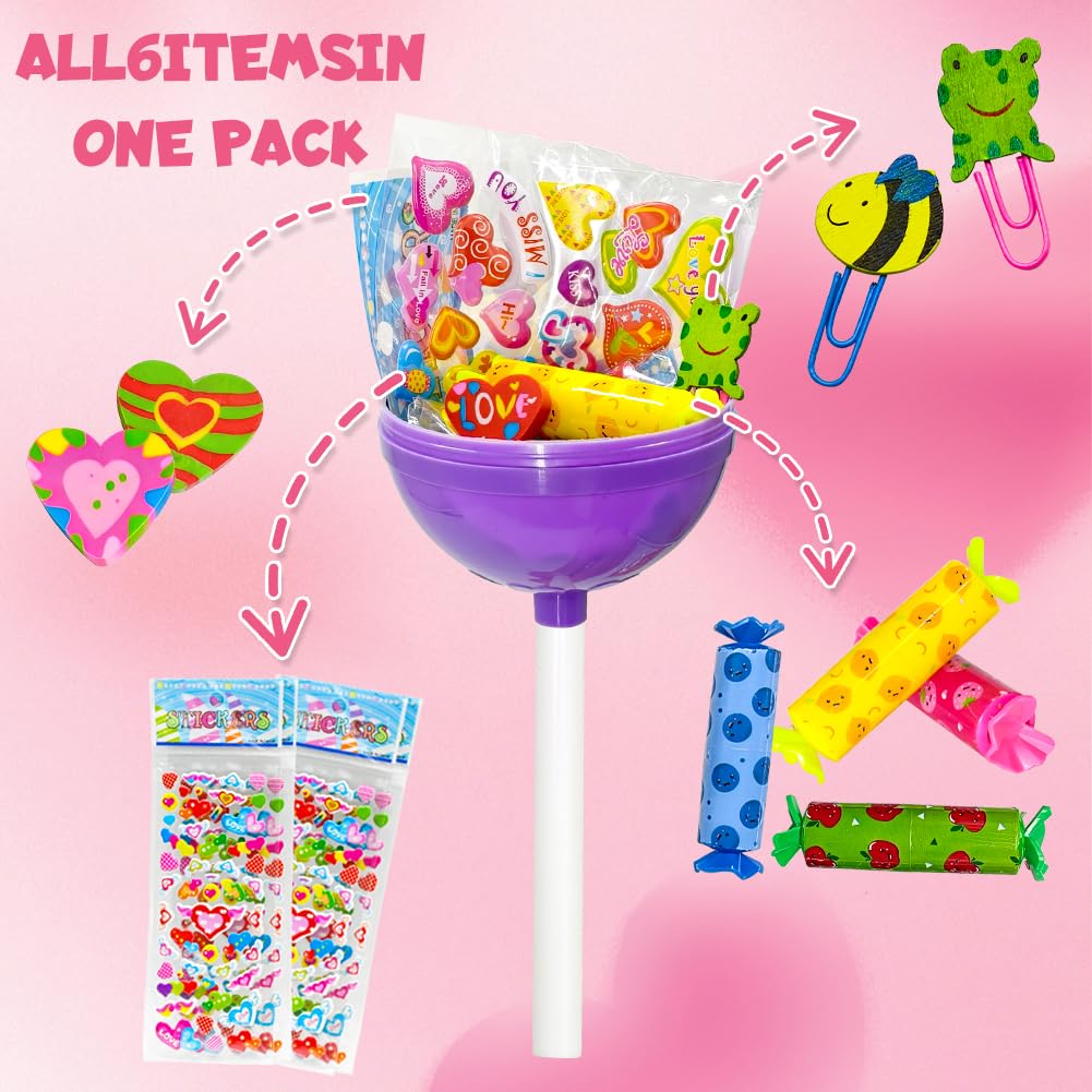 UMEELR 24Pack Lollipop Stationery Set with Heart Cards Highlighter Stickers Cartoon Paperclip Erasers for School Class Prize Easter Basket Stuffers, Easter Egg Hunt