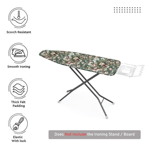 Encasa XO Ironing Board Cover and Pad - Thick 4mm Felt, Heat & Scorch-Resistant, Fits Standard Large Boards 54"x15", Elastic Bungee Cord Tightening, Easy Fit, Stain-Safe Dye, Green Roses
