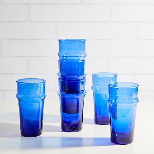 Verve CULTURE Beldi Stackable Glasses Handblown Moroccan Glassware-Blue | Set of 6, 11 fl. oz.