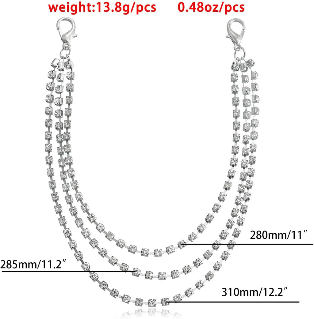 Skiennix Glitter Rhinestone Shoelace Charms - Triple Layer Tassel Boot Chain Jewelry | Silver, 2 Pcs Set