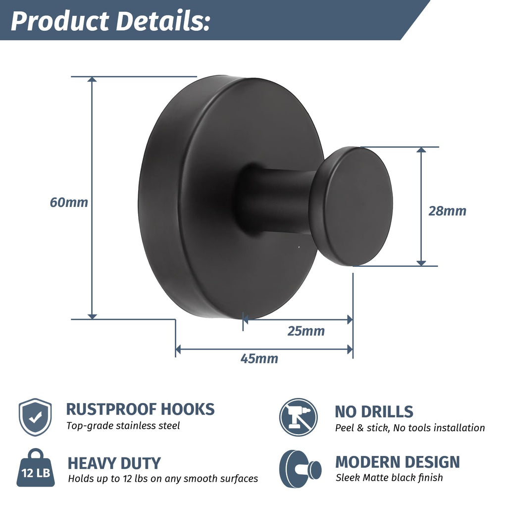 Rise age Suction Cup Hooks for Shower, Removable Towel Hooks for Bathrooms Wall Window, Glass No Drill Hooks for Hanging Wreath, Robe, Loofah 4 Pcs (Black, 4 PCs)