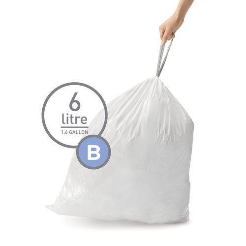 simplehuman Code B 150 Count, Dispenser Packs Custom Fit Liners, Drawstring Trash Bags, 6 Liter / 1.6 Gallon, White