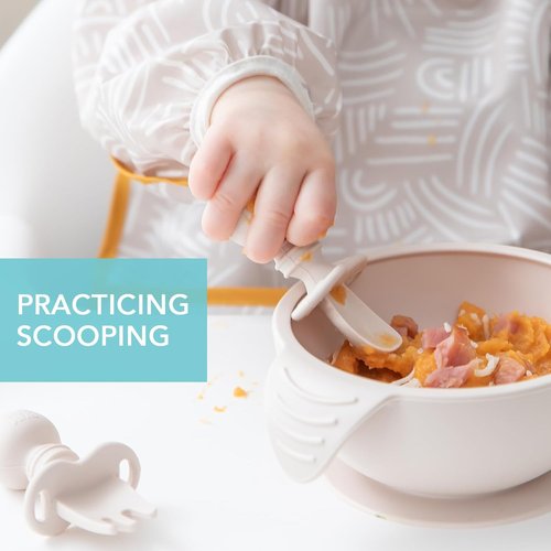 Bumkins Baby Utensils Set - Chewtensils Silicone Spoons & Fork for Self-Feeding | Soft Practice Tools for Babies 6+ Months - Sand Beige
