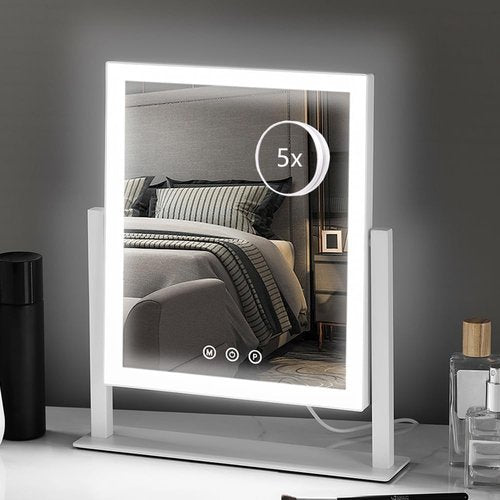 HIEEY Lighted Makeup Mirror, 14.1" x 12.1" Hollywood Vanity Mirror with Lights, Three Color Lighting Modes, and 5X Magnification Mirror, Smart Touch Control, 360°Rotation (White,Gift Box)