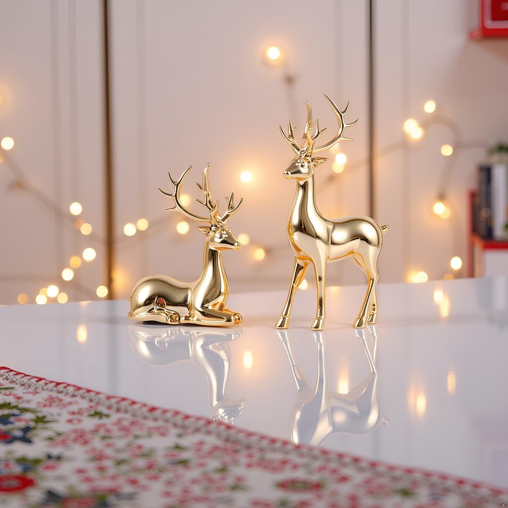 Suruim Gold Reindeer Christmas Decor Set - Elegant Deer Figurines for Table & Home Decor | 2 Pcs