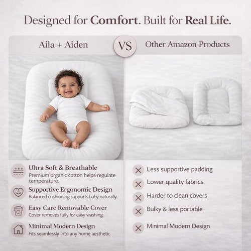 Aila + Aiden Baby Lounger - Organic Cotton Infant Lounger | Adjustable, Portable & Soft - Snuggle Collection (White)