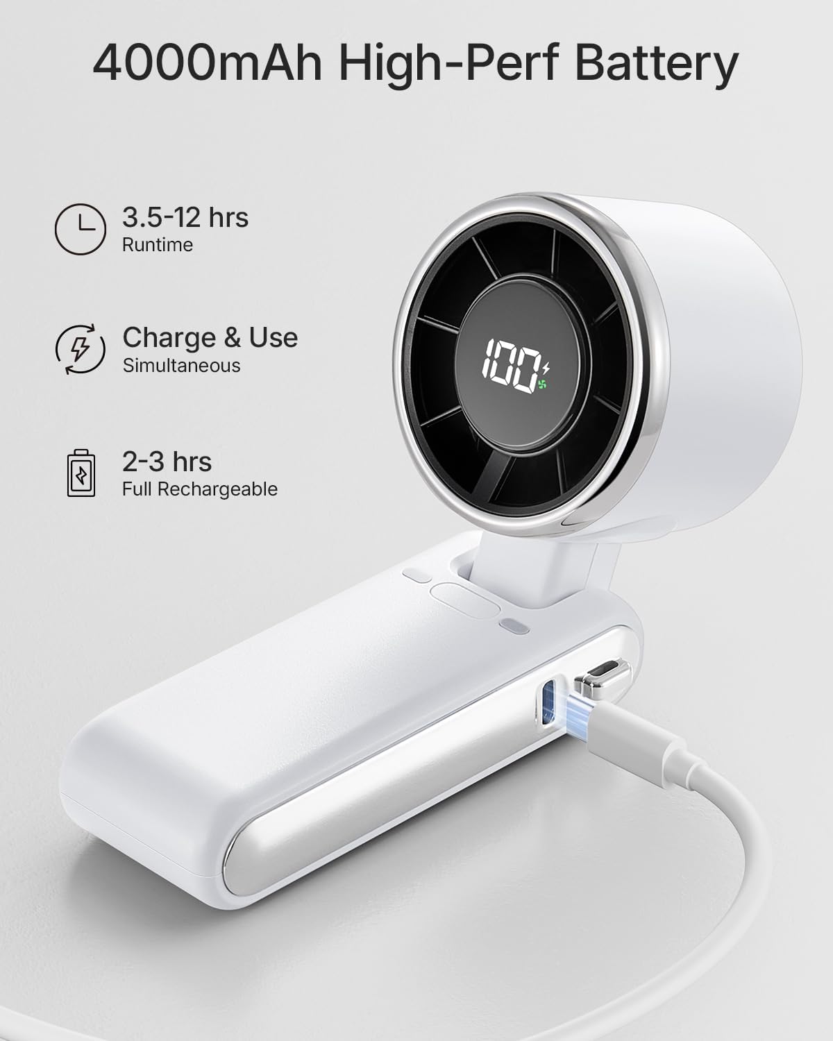 Skiennix Portable Handheld Turbo Fan - 5-Speed Rechargeable Mini Personal Fan | Ideal for Travel & Beach (White)