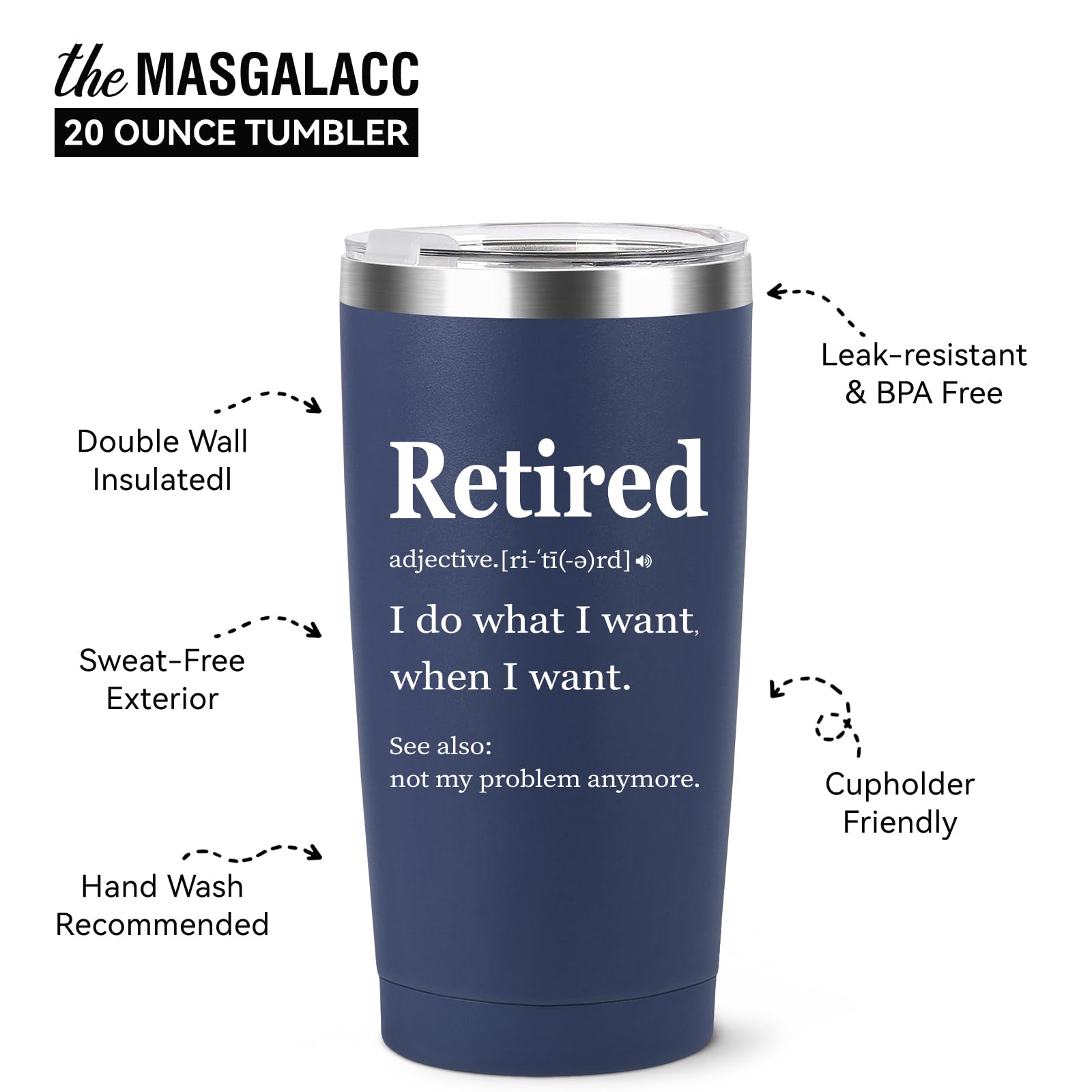 MASGALACC Retirement Gifts for Men Women Coworkers - Funny Retired 2025 Party Decorations for Coworkers, 20oz Stainless Steel Double Wall Vacuum Insulated Tumbler, Navy Blue