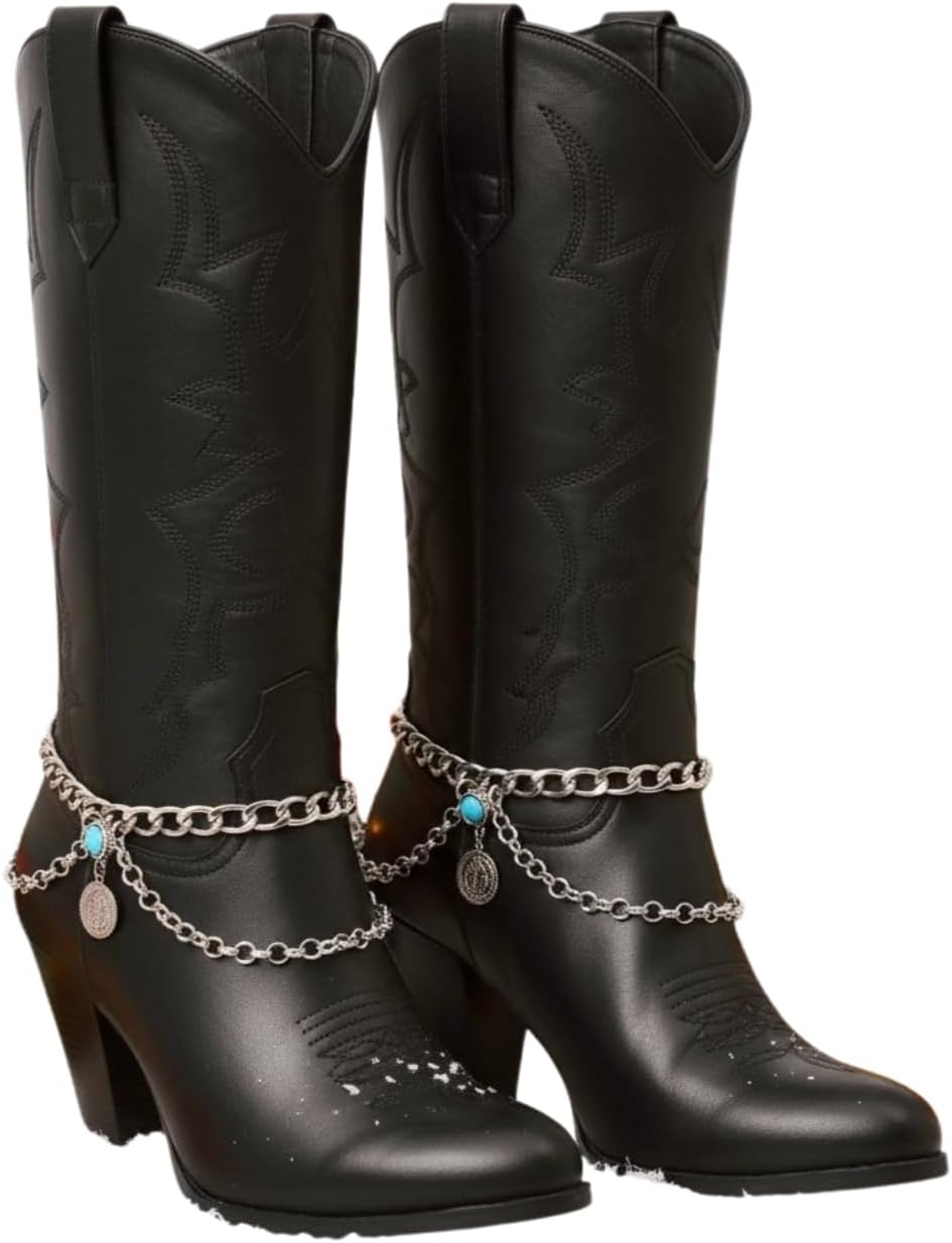 Skiennix Women's Silver Boot Chain Anklet Set - Adjustable Ethnic Coin & Turquoise Beads | 11-15 in Curb Chain