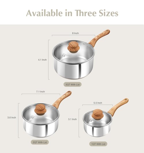 KOCH SYSTEME CS Stainless Steel Pots, 6 Piece Sauce Pan Set with Lids, 1QT, 2QT, 3QT Stainless Steel Saucepan with Cool-Touch Handles, 5-layers Base Pots, Induction Compatible Sauce Pan, Pot Set