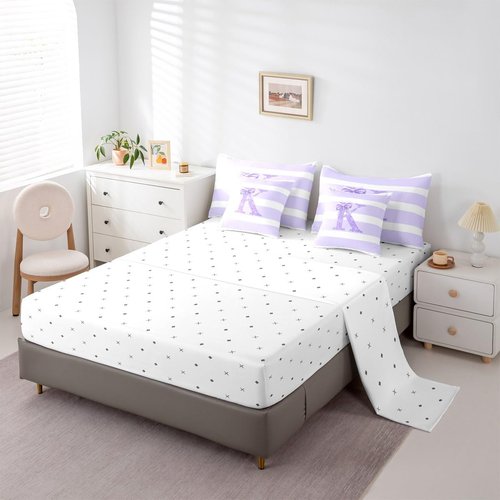 Erosebridal Monogram Letter K Full Size 7 Piece Bedding Set for Kids Purple Bow Bed in A Bag Personalized Glitter Initial Comforter Set for Girls Teens Bedroom Decor Modern Aesthetic Stripes Bed Sets