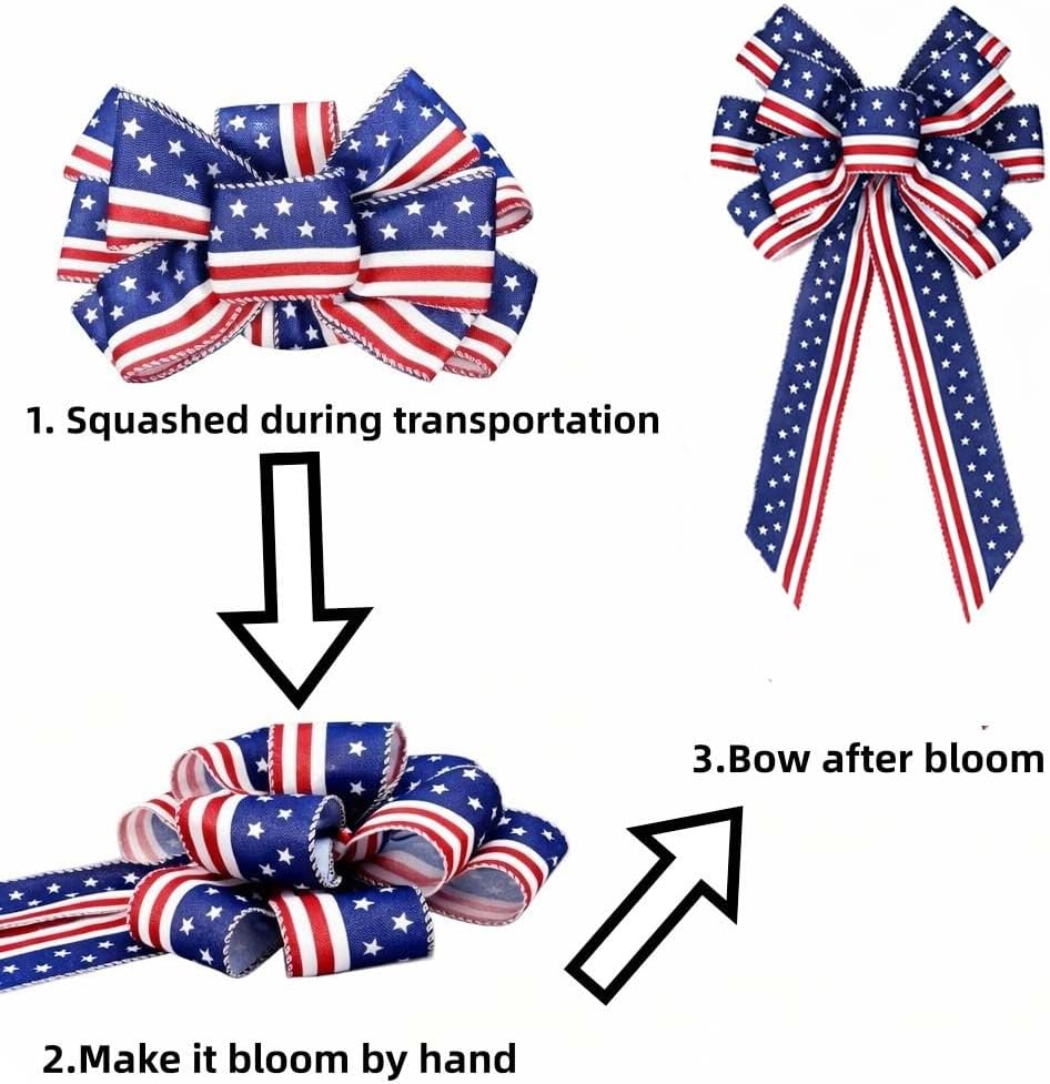 Skiennix Memorial Day Decorations - Patriotic Stripe Stars Wreath Bow for Front Door | Red, White & Blue Tree Topper Bows